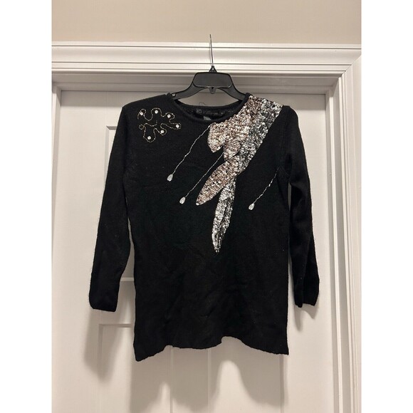Vintage 1980’s Black Silver Gold Sequin Silk Angora Blend Sweater Size Medium - Picture 1 of 5